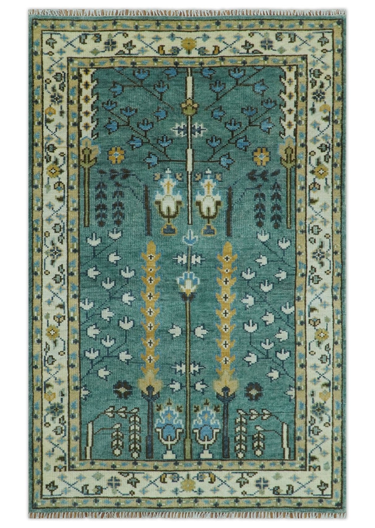 Aqua Hand Knotted Green and Ivory Traditional Turkish Vintage Style Wool Rug