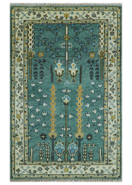 Aqua Hand Knotted Green and Ivory Traditional Turkish Vintage Style Wool Rug