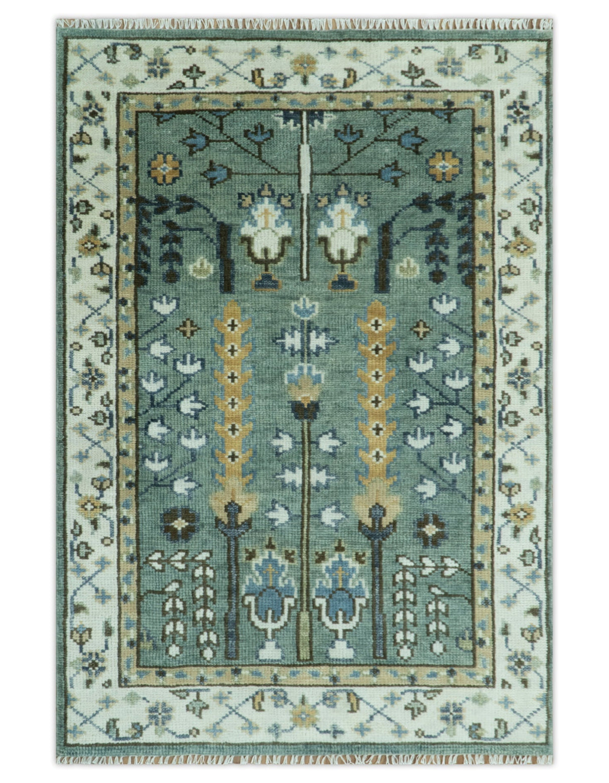 Aqua Hand Knotted Green and Ivory Traditional Turkish Vintage Style Wool Rug