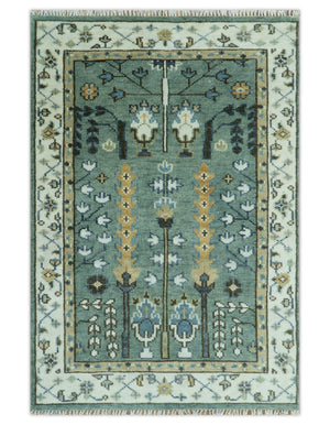 Aqua Hand Knotted Green and Ivory Traditional Turkish Vintage Style Wool Rug