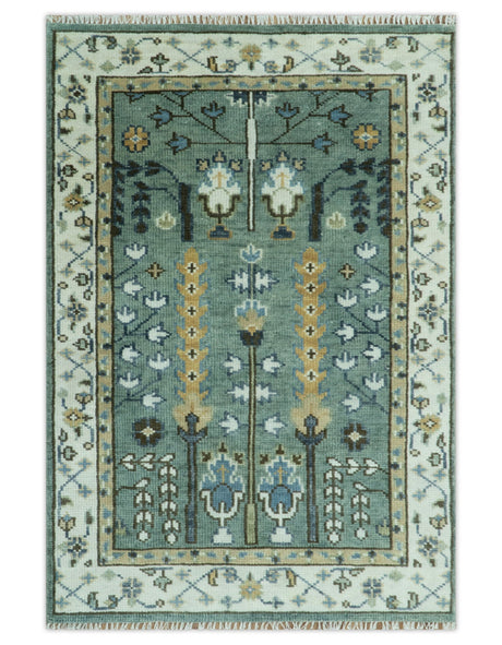 Aqua Hand Knotted Green and Ivory Traditional Turkish Vintage Style Wool Rug
