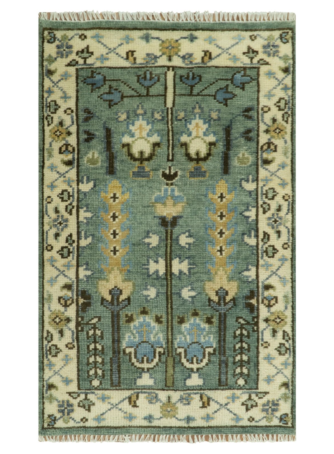 Aqua Hand Knotted Green and Ivory Traditional Turkish Vintage Style Wool Rug