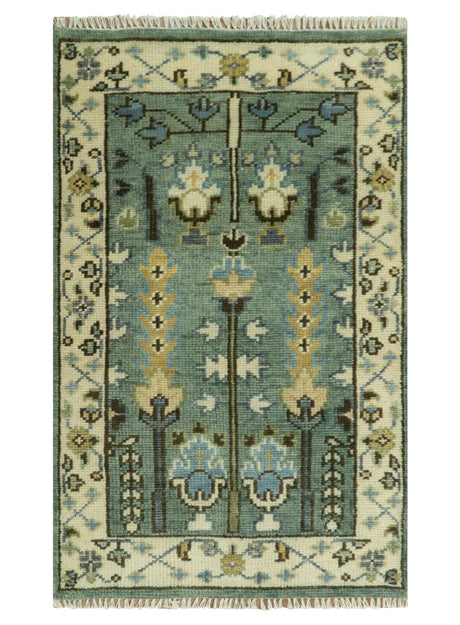 Aqua Hand Knotted Green and Ivory Traditional Turkish Vintage Style Wool Rug