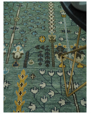 Aqua Hand Knotted Green and Ivory Traditional Turkish Vintage Style Wool Rug