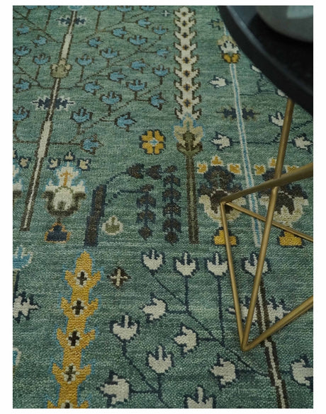 Aqua Hand Knotted Green and Ivory Traditional Turkish Vintage Style Wool Rug