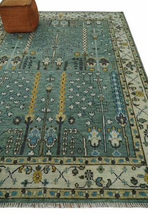 Aqua Hand Knotted Green and Ivory Traditional Turkish Vintage Style Wool Rug
