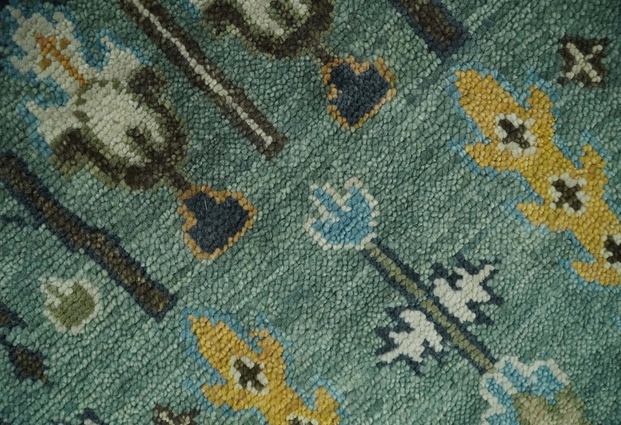 Aqua Hand Knotted Green and Ivory Traditional Turkish Vintage Style Wool Rug