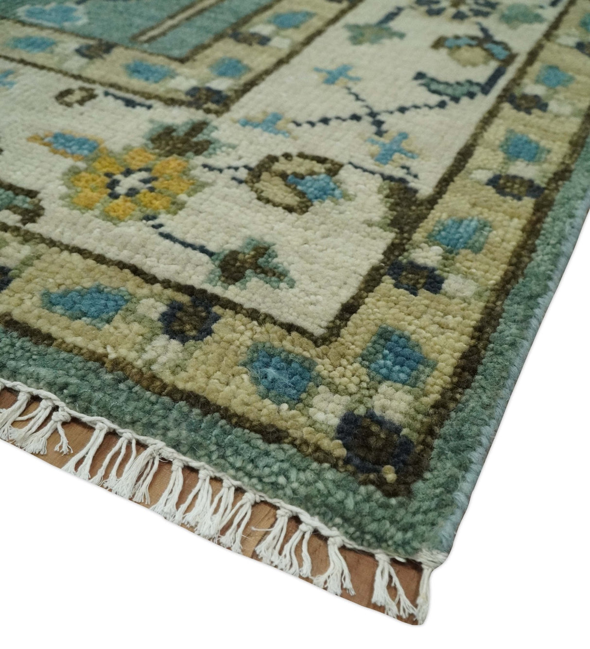 Aqua Hand Knotted Green and Ivory Traditional Turkish Vintage Style Wool Rug