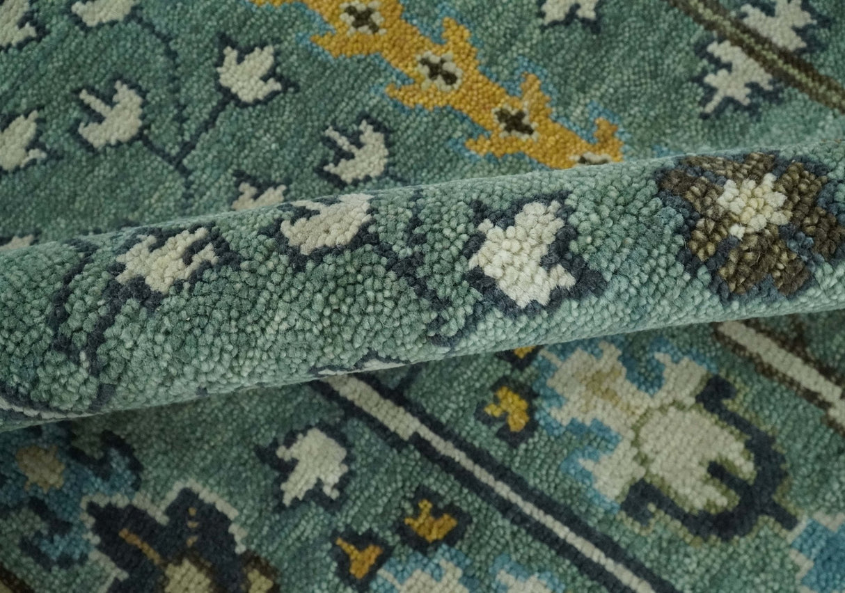 Aqua Hand Knotted Green and Ivory Traditional Turkish Vintage Style Wool Rug