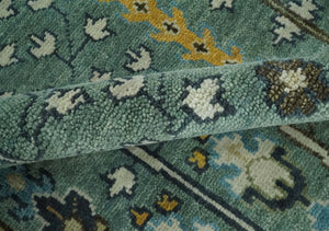 Aqua Hand Knotted Green and Ivory Traditional Turkish Vintage Style Wool Rug