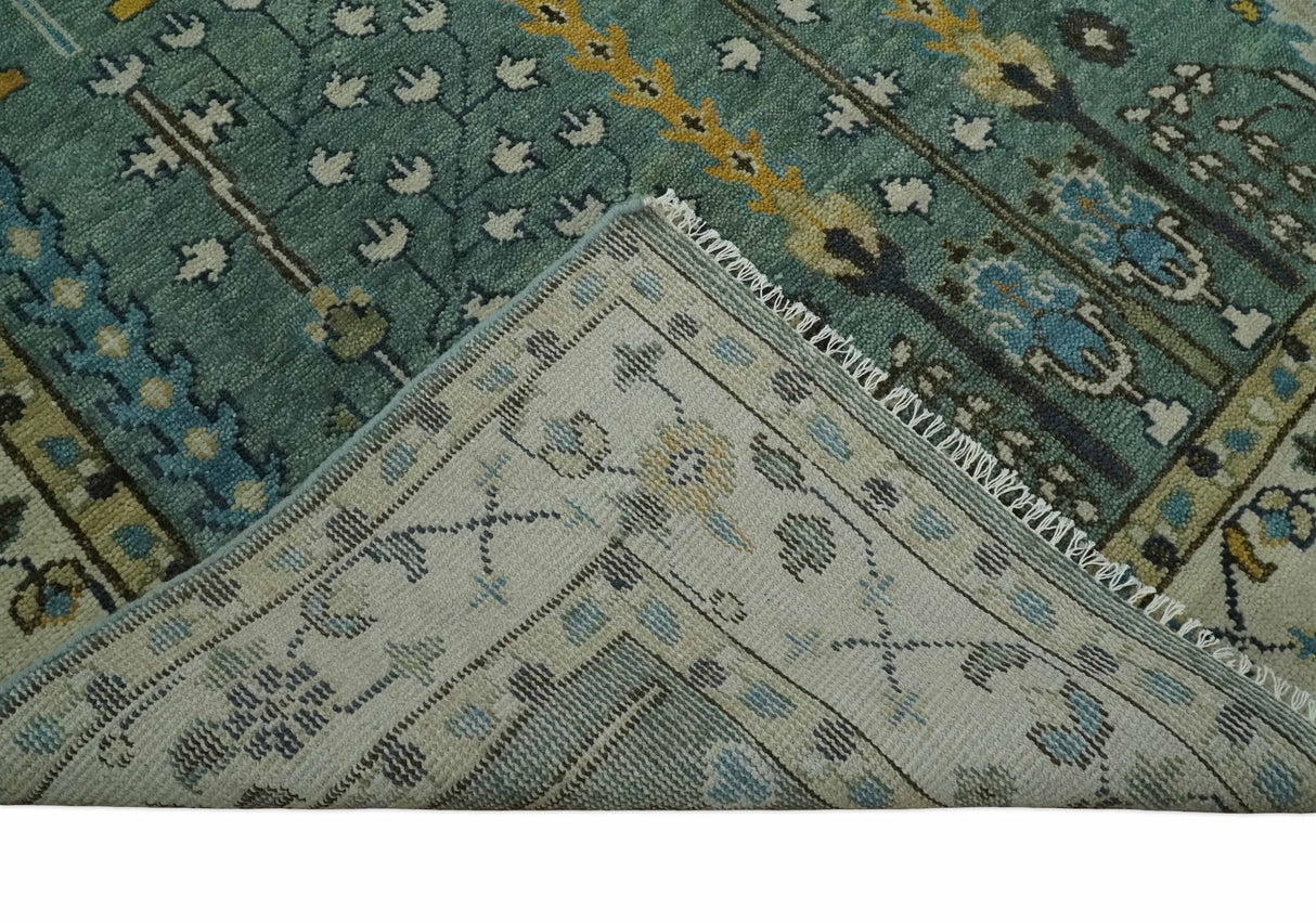 Aqua Hand Knotted Green and Ivory Traditional Turkish Vintage Style Wool Rug