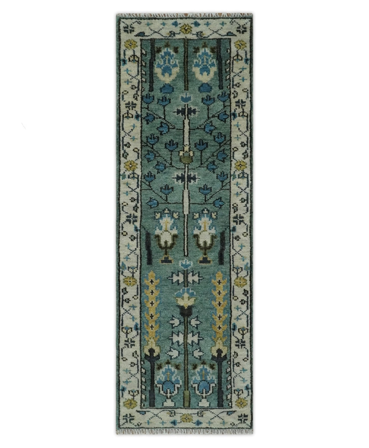 Aqua Hand Knotted Green and Ivory Traditional Turkish Vintage Style Wool Rug