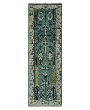 Aqua Hand Knotted Green and Ivory Traditional Turkish Vintage Style Wool Rug