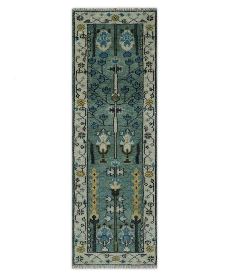 Aqua Hand Knotted Green and Ivory Traditional Turkish Vintage Style Wool Rug