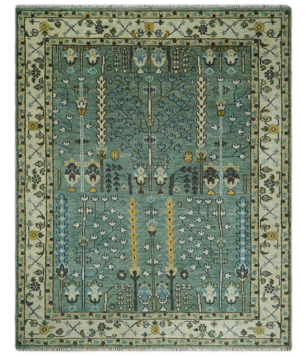 Aqua Hand Knotted Green and Ivory Traditional Turkish Vintage Style Wool Rug