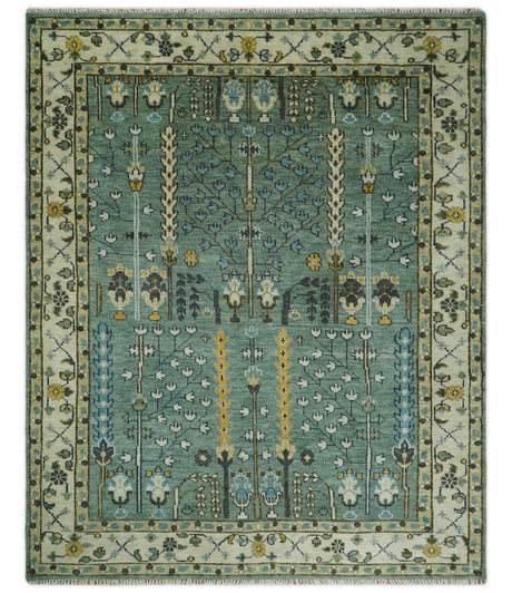Aqua Hand Knotted Green and Ivory Traditional Turkish Vintage Style Wool Rug