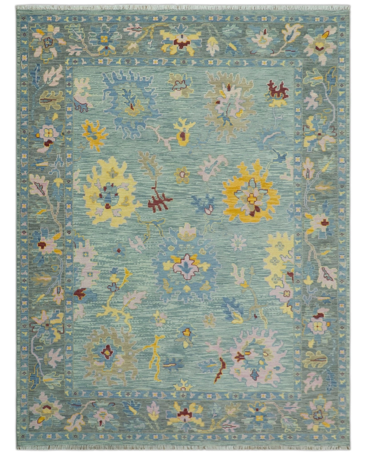 Aqua and Gray Vibrant colorful Hand knotted Oushak Multi Size Wool Area Rug