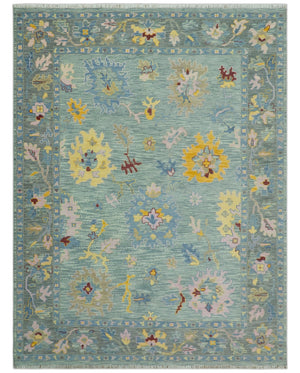 Aqua and Gray Vibrant colorful Hand knotted Oushak Multi Size Wool Area Rug