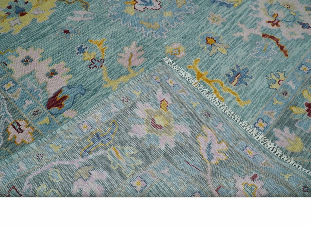Aqua and Gray Vibrant colorful Hand knotted Oushak Multi Size Wool Area Rug