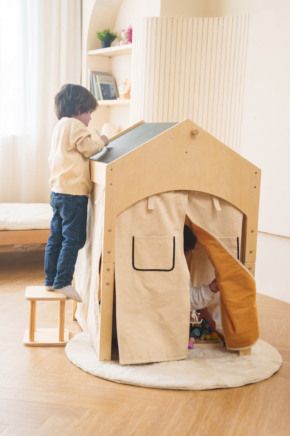 Ash Adjustable Wooden Learning Tent with Kids Desk & Chair – 2-in-1 Play & Study Station
