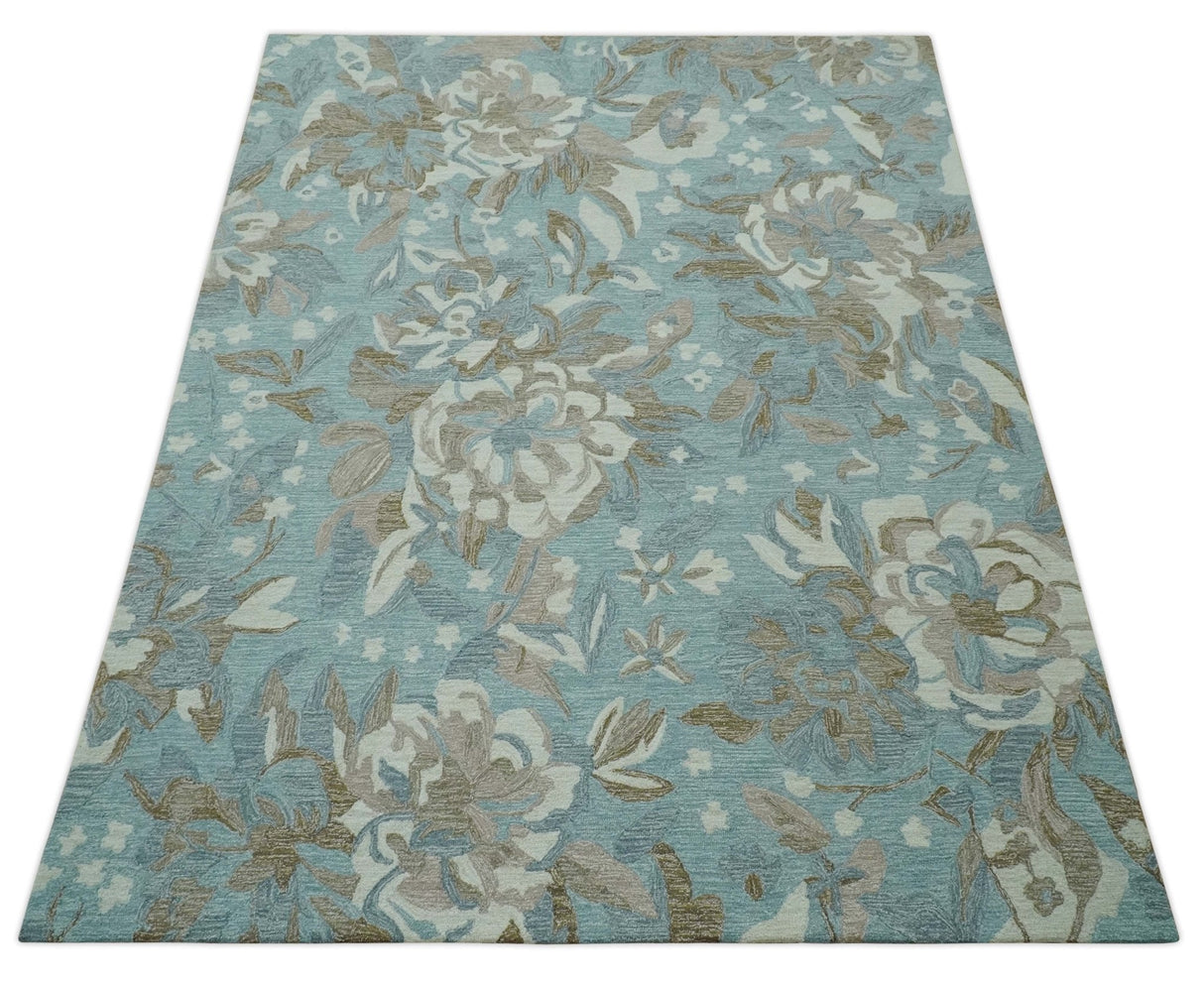 Beautiful Blue, Ivory and Olive Floral Design 8x10 Hand Tufted wool Rug