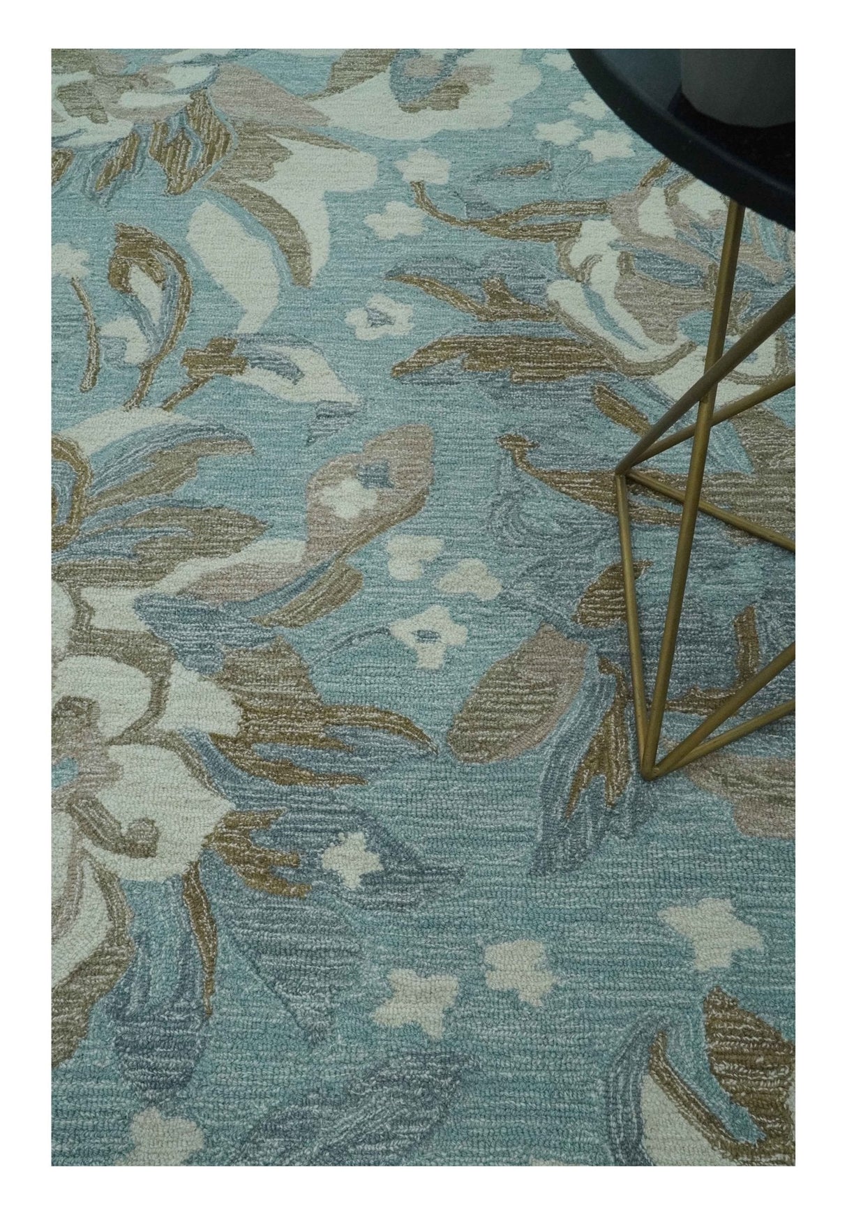 Beautiful Blue, Ivory and Olive Floral Design 8x10 Hand Tufted wool Rug