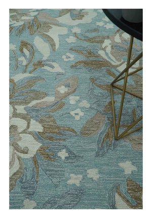 Beautiful Blue, Ivory and Olive Floral Design 8x10 Hand Tufted wool Rug