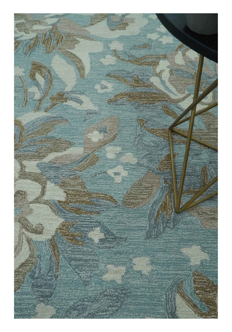 Beautiful Blue, Ivory and Olive Floral Design 8x10 Hand Tufted wool Rug