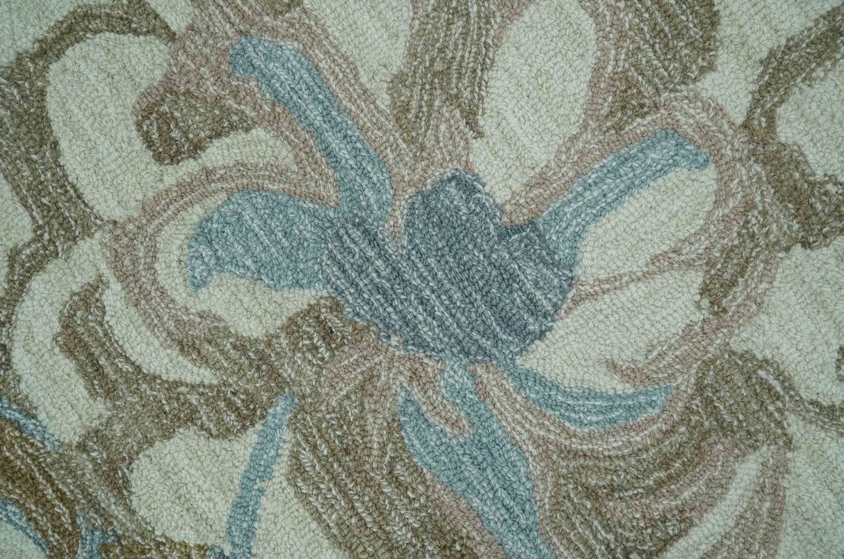 Beautiful Blue, Ivory and Olive Floral Design 8x10 Hand Tufted wool Rug