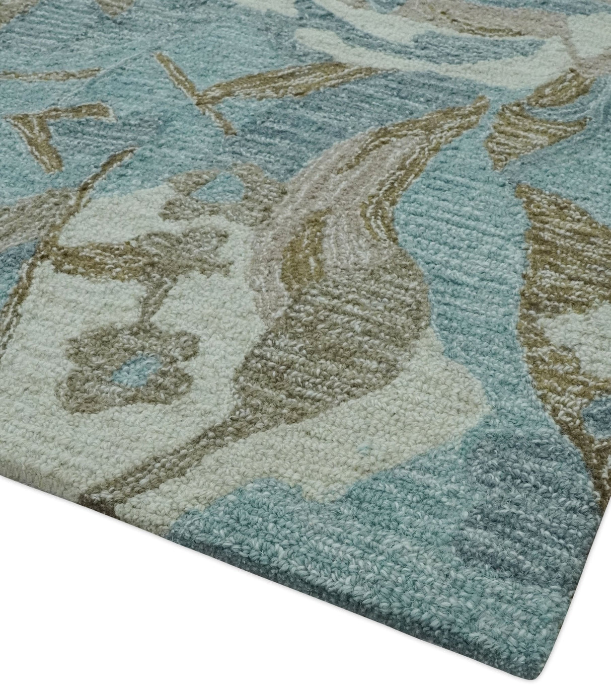 Beautiful Blue, Ivory and Olive Floral Design 8x10 Hand Tufted wool Rug