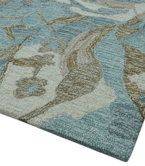 Beautiful Blue, Ivory and Olive Floral Design 8x10 Hand Tufted wool Rug