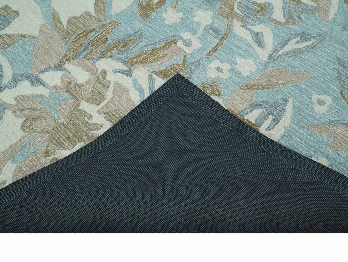 Beautiful Blue, Ivory and Olive Floral Design 8x10 Hand Tufted wool Rug