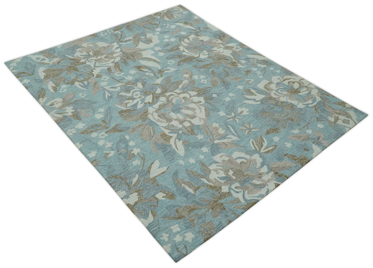 Beautiful Blue, Ivory and Olive Floral Design 8x10 Hand Tufted wool Rug