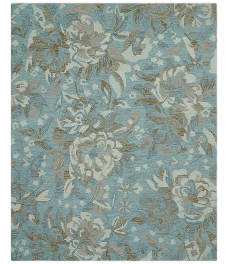 Beautiful Blue, Ivory and Olive Floral Design 8x10 Hand Tufted wool Rug