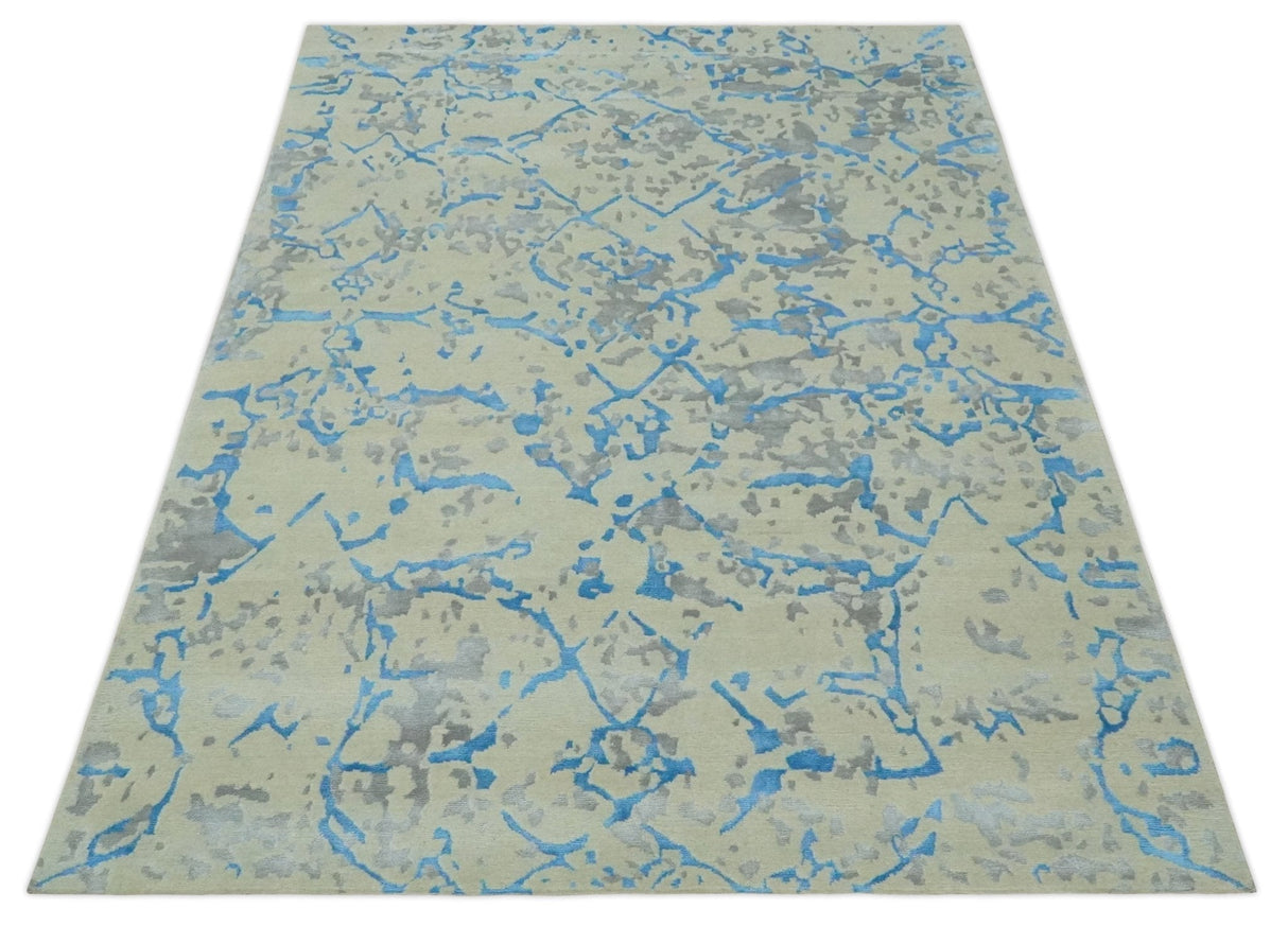 Beige, Blue, Olive and Gray Modern Abstract 6x9 Hand knotted wool and Viscose Area Rug