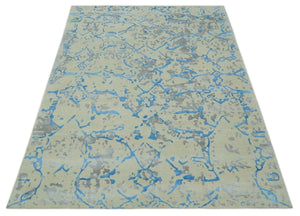 Beige, Blue, Olive and Gray Modern Abstract 6x9 Hand knotted wool and Viscose Area Rug
