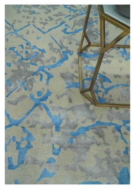 Beige, Blue, Olive and Gray Modern Abstract 6x9 Hand knotted wool and Viscose Area Rug