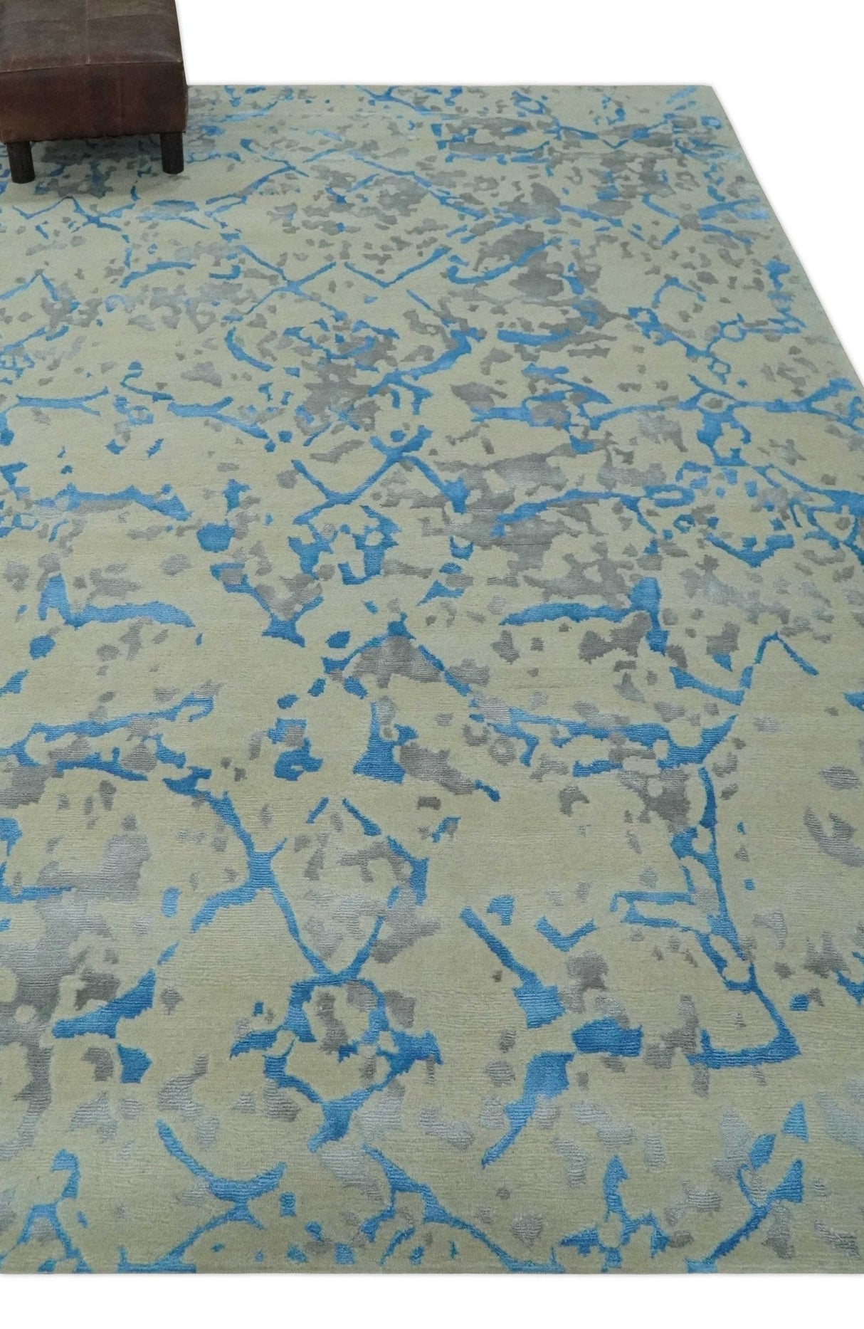 Beige, Blue, Olive and Gray Modern Abstract 6x9 Hand knotted wool and Viscose Area Rug