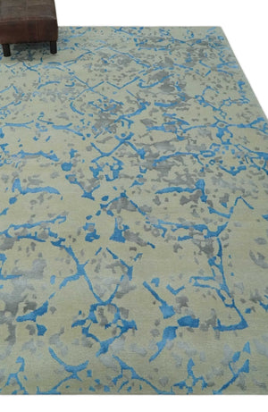 Beige, Blue, Olive and Gray Modern Abstract 6x9 Hand knotted wool and Viscose Area Rug
