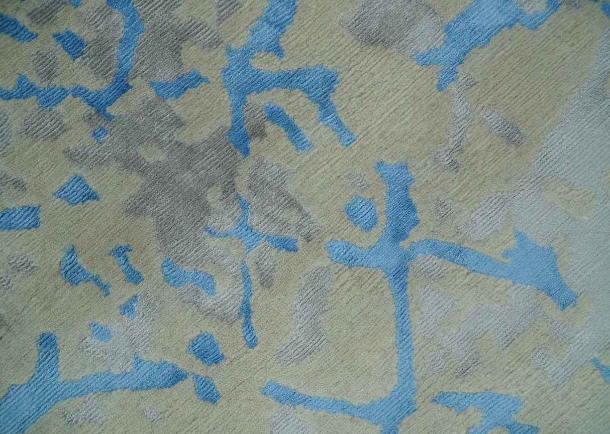 Beige, Blue, Olive and Gray Modern Abstract 6x9 Hand knotted wool and Viscose Area Rug