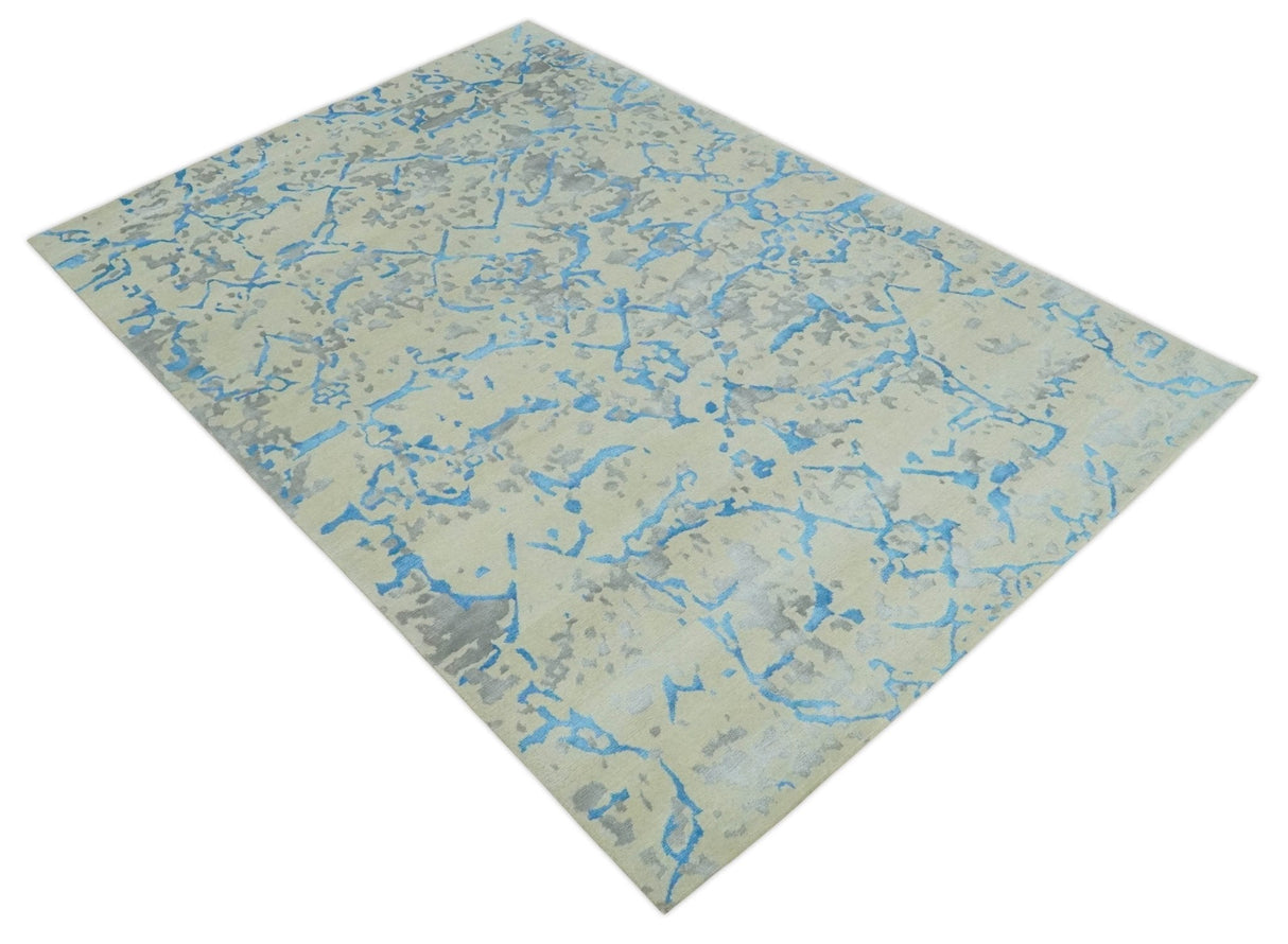 Beige, Blue, Olive and Gray Modern Abstract 6x9 Hand knotted wool and Viscose Area Rug