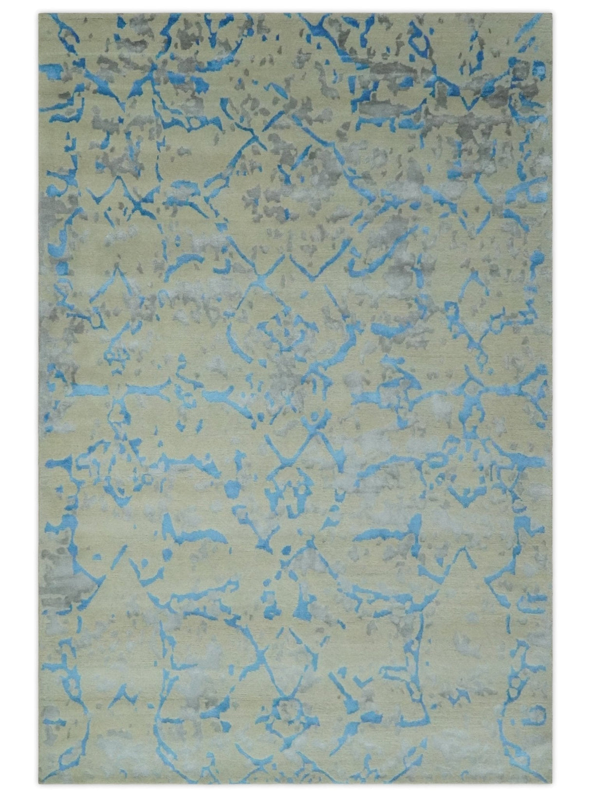 Beige, Blue, Olive and Gray Modern Abstract 6x9 Hand knotted wool and Viscose Area Rug