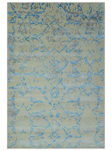 Beige, Blue, Olive and Gray Modern Abstract 6x9 Hand knotted wool and Viscose Area Rug