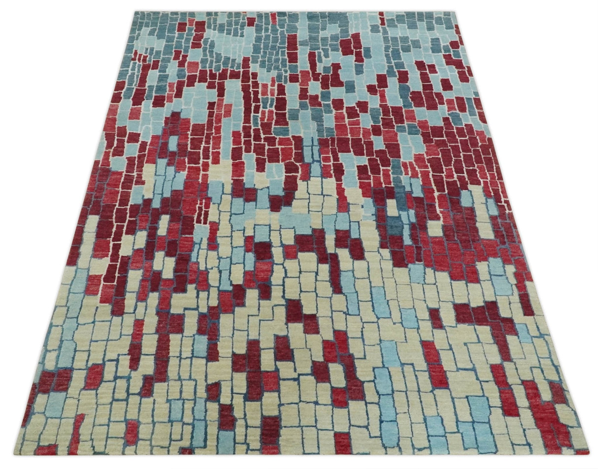 Beige, Blue and Maroon 5x7.6 Modern tiles Pattern Handloom Wool and Art Silk Area Rug