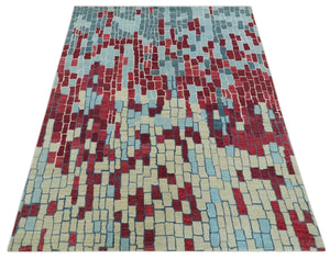 Beige, Blue and Maroon 5x7.6 Modern tiles Pattern Handloom Wool and Art Silk Area Rug