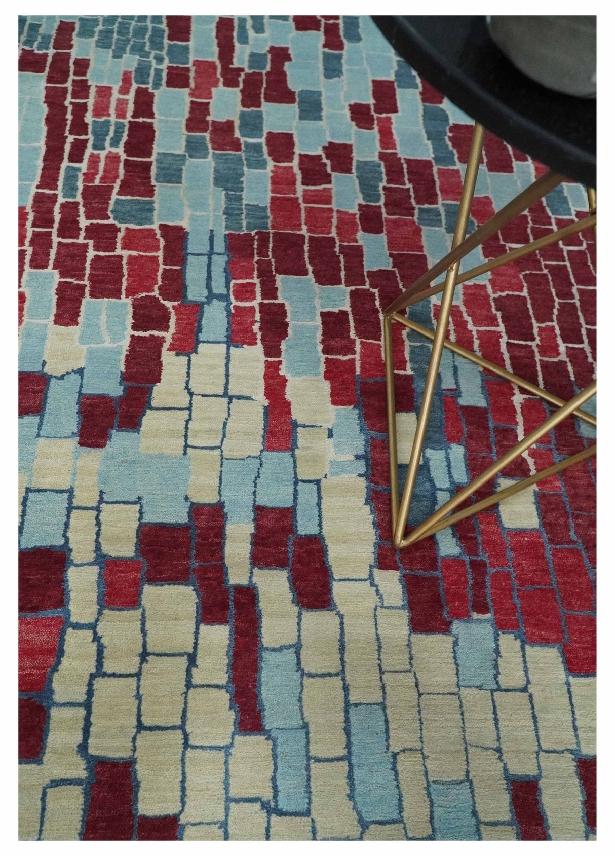 Beige, Blue and Maroon 5x7.6 Modern tiles Pattern Handloom Wool and Art Silk Area Rug