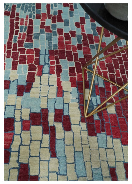Beige, Blue and Maroon 5x7.6 Modern tiles Pattern Handloom Wool and Art Silk Area Rug