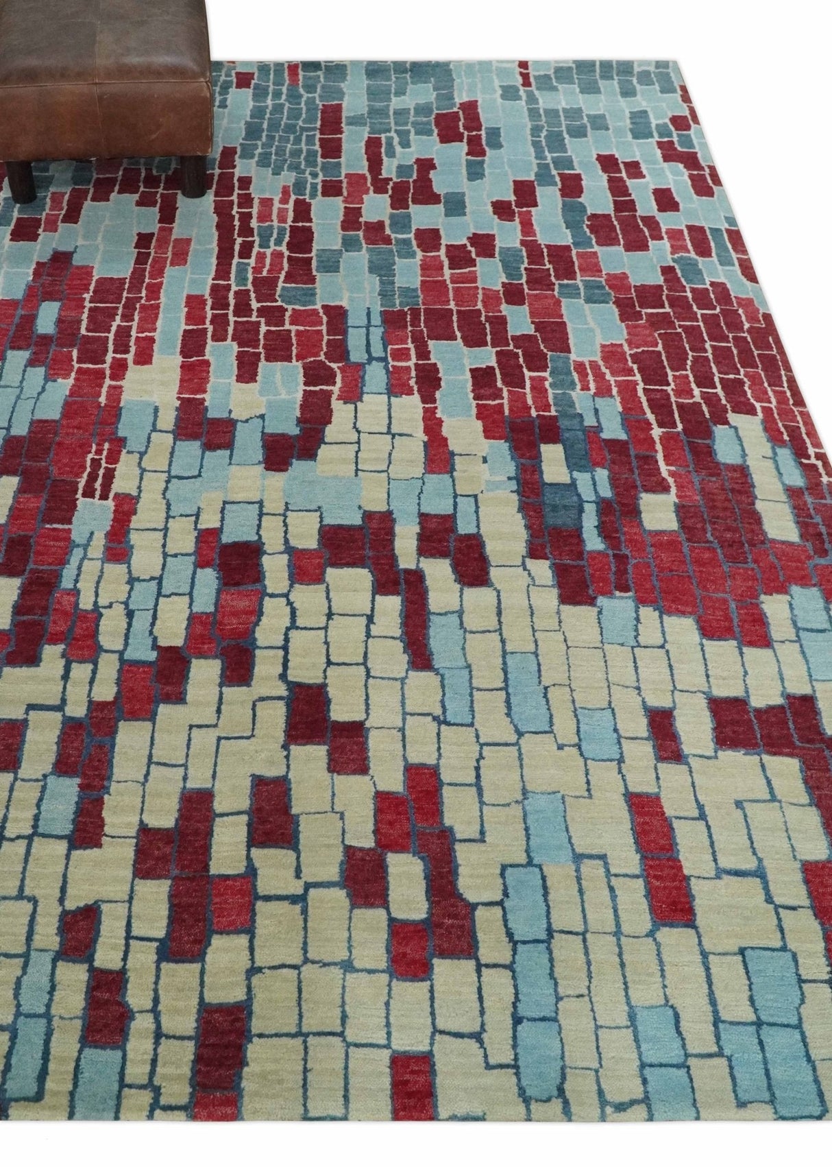 Beige, Blue and Maroon 5x7.6 Modern tiles Pattern Handloom Wool and Art Silk Area Rug