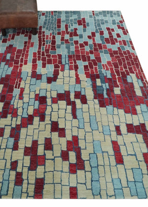 Beige, Blue and Maroon 5x7.6 Modern tiles Pattern Handloom Wool and Art Silk Area Rug