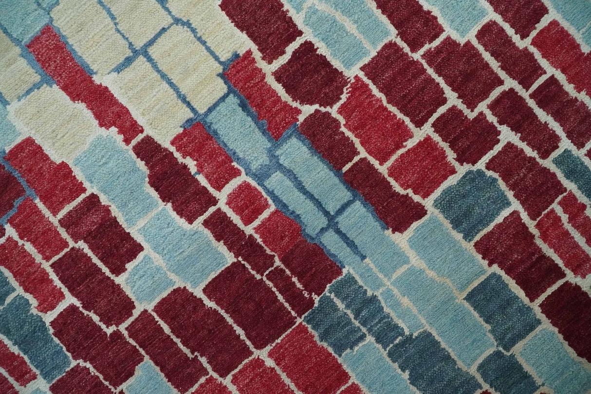 Beige, Blue and Maroon 5x7.6 Modern tiles Pattern Handloom Wool and Art Silk Area Rug